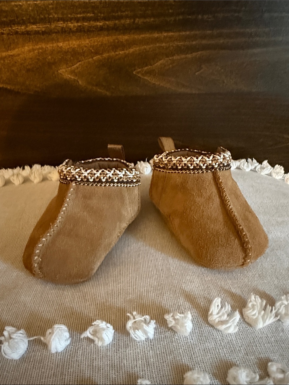 UGG Baby Tan Suede Moccasin Booties with Braided Trim